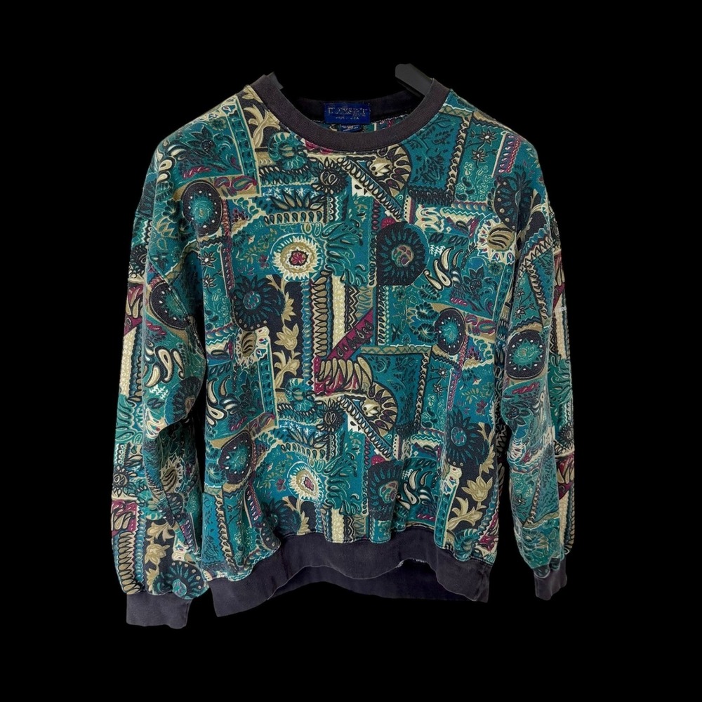 Vintage 90's AOP Tribal Abstract Paisley Sweatshirt Teal Green Burgundy Medium